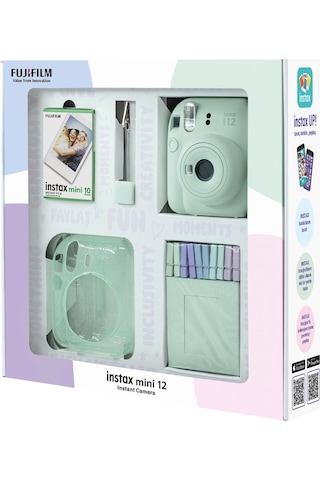 Fujifilm Instax Mini 12 Fotoğraf Makinesi + 10'lu Film + Simli Pleksi Kılıf + Mandal + Kıskaçlı Resim Standı Yeşil