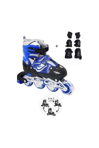 Işıklı Çocuk Pateni Silikon Ayarlanabilir Teker Metal Gövde Numaralı Ve Koruma Seti Mavi