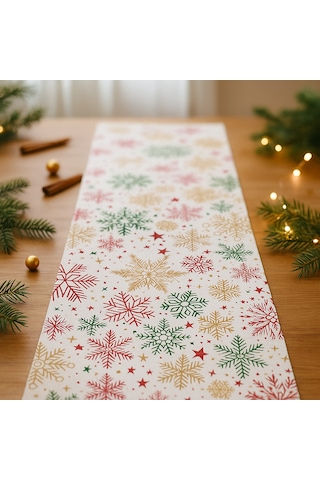 Yılbaşı Temalı Masa Runner I Krem Zeminli, Renkli Kar Tanesi Desenli 40x140 Cm Bej - Krem