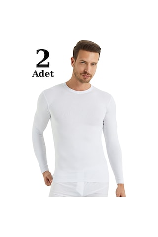 Arma Yıldız Beyaz Erkek Regular Fit Bisiklet Yaka Uzun Kollu Tişört 2'li Paket %100 Pamuk Beyaz