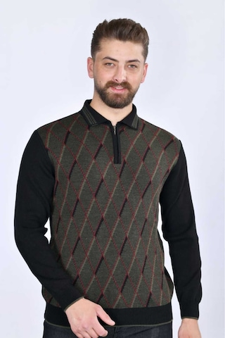 Kamalı Erkek Çelik Örgü Baklava Desenli Gömlek Yaka Fermuarlı Polo Yakalı Tüylenmez Triko Kışlık Baba Kazak Siyah