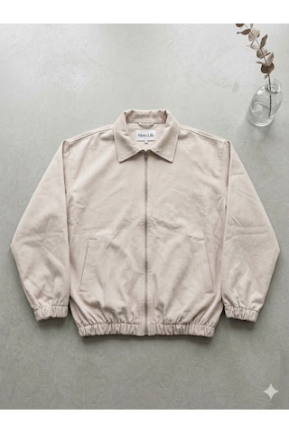 Mero Life Erkek Basic Old Money Fermuarlı Oversize Mevsimlik Polo Yaka Gabardin Kumaş Krem Ceket