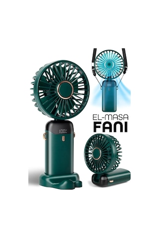 Lcd Ekranlı Şarjlı El Fanı Mini Vantilatör 5 Kademe Sessiz Boyun Askılı Yeşil Fan