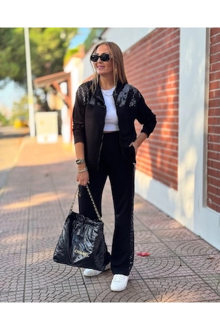Defymoda Kadın Iki Iplik Kumaş Pul Ve Fermuar Detaylı Ikili Takım Siyah