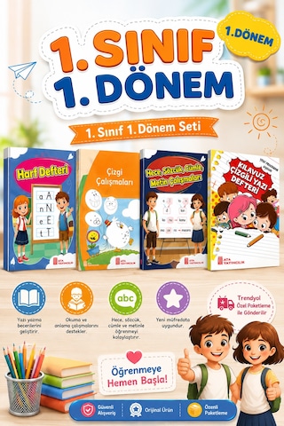 1. Sınıf 1.dönem Çizgi Çalışmaları-harf Defteri-renkli Hece Kitabı- Kılavuz Çizgili Yazı Defteri
