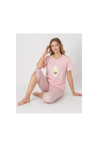 Pijamask Kadın Pudra Pembe Avokado Desenli Kapri Pijama Takımı Kısa Kollu Bisiklet Yaka Rahat Ev Giyim P100-898 Pudra
