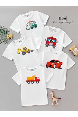 Cda Arabalar Çeşit 5li Çocuk Tshirt Beyaz