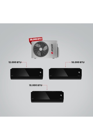 Arçelik 1+3 Multi Sistem 36100 MD Pro Dış Ünite 12 BTU Siyah + 2 Adet 18 BTU Siyah İç Üniteler Duvar Tipi Klima