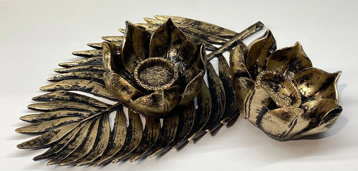 Dekoratif Polyester İkili Çınar Yaprak Mumluk Gold Siyah Eskitme