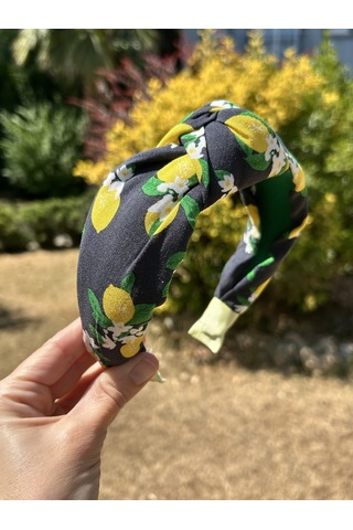 Kadın Kumaş Düğümlü Siyah Sarı Limon Desenli Yazlık Taç Siyah