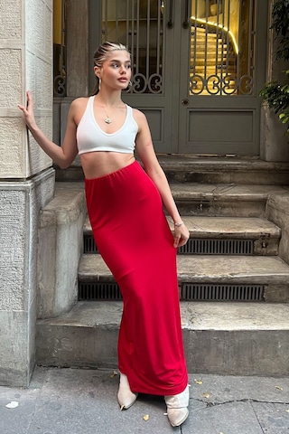 Kahverengi Maxi Basic Etek Kırmızı