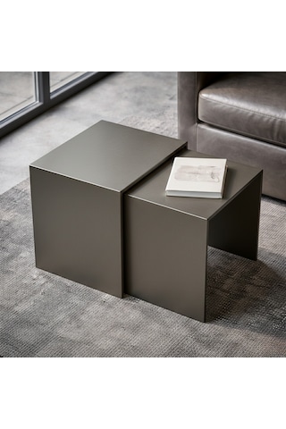 Modern Metal Zigon Sehpa Seti Minimal Tasarım İç İçe Geçen Yan Sehpa 2 Li Set Gri