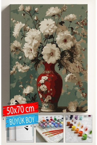 Sayılarla Boyama Seti Numaralı Tuval Fırça Boya Dahil Kasnaklı Set 50x70 Cm - Kırmızı Vazo