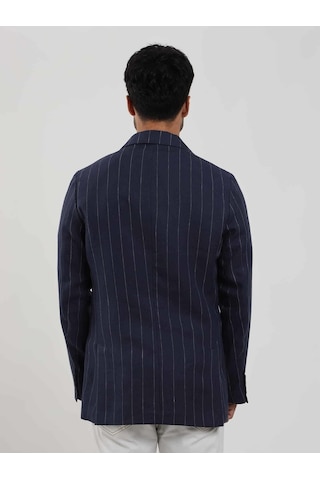 Dufy Lacivert Erkek Regular Fit Çizgili Sivri Yaka Keten Ceket - 104439-lacivert Lacivert