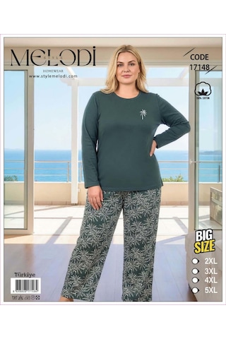 Melodi Kadın Büyük Beden %100 Pamuk Bisiklet Yaka Uzun Kollu Baharlık Pijama Takımı 17148 - 1 Adet Petrol