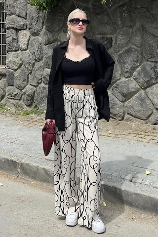 Madmext Ekru Desenli Beli Lastikli Bol Paça Pantolon Mg2051-ekru Ekru
