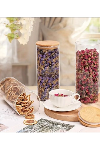 3 Adet 1300 Ml Bambu Kapaklı Yuvarlak Bakliyat Seti Kavanozu