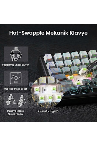 Aula F75 Max Mekanik Rgb Tkl Reaper Switch Kablosuz Makrolu Hot Swap Klavye Desenli Siyah