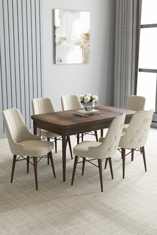 Zümra Serisi, Barok Ahşap Desen 80x132 Açılabilir Mdf Mutfak Masası Takımı 6 Adet Sandalye, Krem