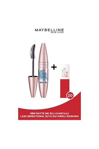 Maybelline New York Lash Sensational Yelpaze Etkili Suya Dayanıklı Maskara Siyah + Mini Likit Mat Ruj 20 Pioneer