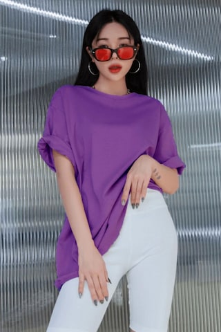 Mor Basic Düz Baskısız Oversize Salas Boyfriend Kadın T-Shirt Mor