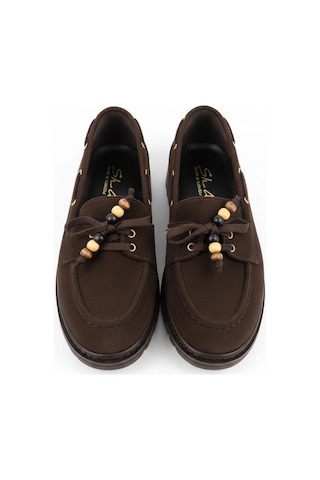 Efw Kadın Yüksek Kaymaz Taban Kahve Süet Boncuklu Bağcıklı Loafer Oxford Ayakkabı