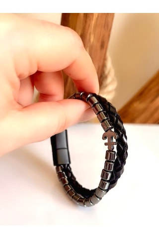 Çıpa Figürlü Hematit Doğaltaş&%100 Deri Siyah Erkek Bileklik 21cm Siyah
