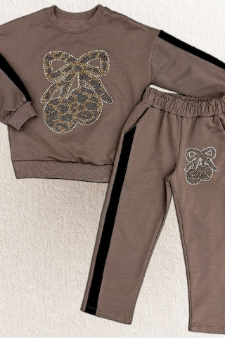 Kız Çocuk Taş İşlemeli Kiraz Ve Fiyonk Desenli-2 İplik-alt-üst Takım-5-12 Yaş 12445 Kahverengi