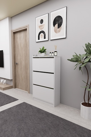 Mirobi Kembe 3 Bölmeli Açılır Modern Dekoratif Ayakkabılık Beyaz Beyaz