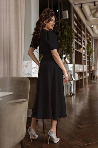 Emh Store Kadın Kruvaze Yaka Midi Boy Kuşaklı Krep Elbise 120 Cm Siyah