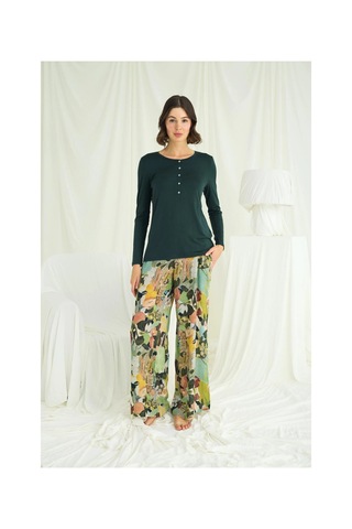 Litae Herşeytrend Çiçek Ve Yaprak Desenli Pijama Takımı Yeşil