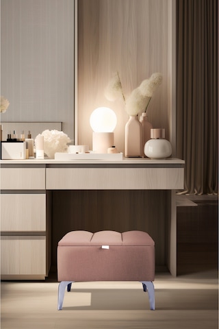 Vetra Mini Royal Pudra Kumaş Sandıklı Dekoratif Puf&bench-dilimli Model-gümüş Ayak-modern Puf