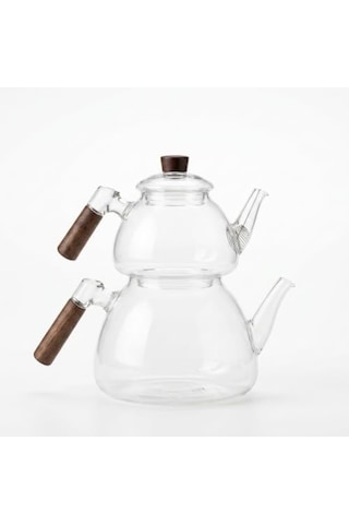1800 Ml + 550 Ml Akasya Cam Çaydanlık Takımı - Ahşap Kulplu, Isıya Dayanıklı Borosilikat Şeffaf Çaydanlık, Yaylı Süzgeçli Şık Lüks Tasarım 1