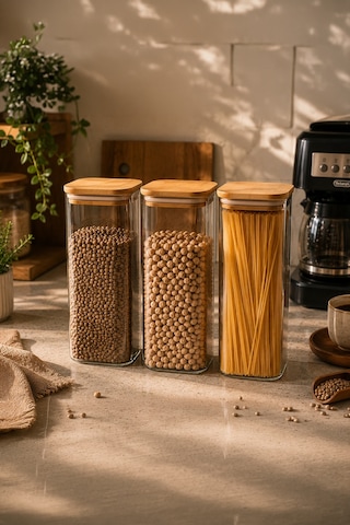 Porsima 7-3 Bambu Vakumlu Kapaklı Kare Borsilikat Cam 3lü Kavanoz Seti Saklama Kabı 1900ml 9,5x27cm Ahşap - Şeffaf