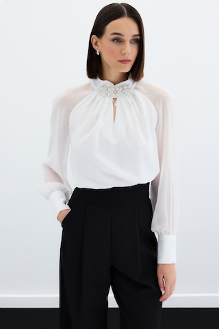 Sateen Yaka Aksesuarlı Bluz - Ekru-133754 Ekru