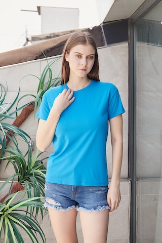 Jument Kadın Sıfır Yaka Kırışmaz Span Karışımlı Şık Kısa Kol Likralı T-shirt Bluz-mavi Mavi