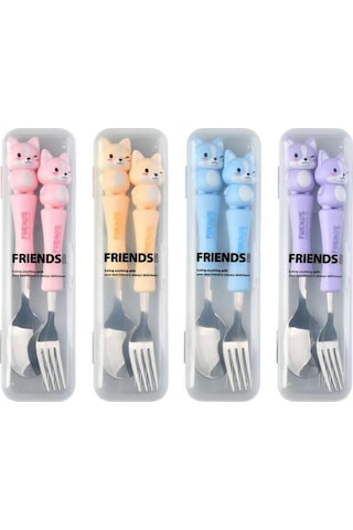 Mavi Renk Kedi Figürlü Premium Çocuk Bpa Free Paslanmaz Çelik Uçlu Çatal-kaşık Set 24+ Ay
