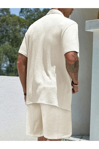 Alaçatı Stili, Erkek, Bürümcük, Krinkıl Kumaş, Yazlık Likralı Gömlek, Ve Şort Jogger Takım, Kombini Beyaz - Gri