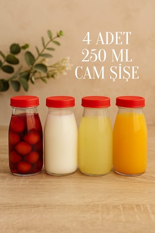 Rotanev Şeffaf Sürahi Süt, Ayran, Su, Limonata, Meşrubat Şişesi Plastik Kapaklı Cam Şişe 4 Adet 250 ML