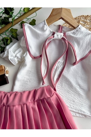 Yazlık Kısa Kollu Bluz Pileli Etek Kız Çocuk Takım Pembe