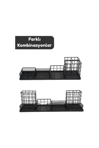 Temel Siyah Metal Mesh Modüler Masaüstü Organizer Seti 7 Parça 38x10 Cm 9515b