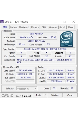 Koodmax Intel Xeon Processor E7-8837 İşlemci 24M Cache 2.66 Ghz Soket1567