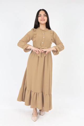 Kiz Cocuk Elbise Aerobin Keten Kumaş Tesettüre Uygun Uzun Boydan Cocuk Elbise Açık Bej