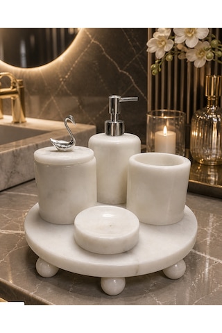 Mermer Top Ayaklı Standlı 5 Parça Lüks Banyo Seti Beyaz Mermer Top Ayaklı Standlı 5 Parça Lüks Banyo Seti Beyaz