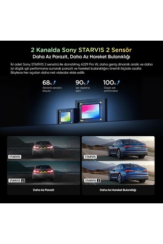 A229 Pro W 2 Kameralı Ön+arka Su Geçirmez 4k+2k Sony Starvıs 2 Sensör Gps'li Araç Kamerası