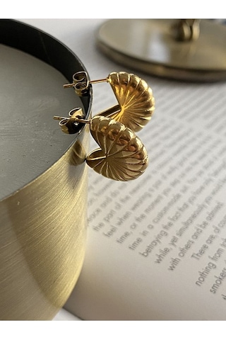 Deniz Kabuğu Halka Çelik Kararmaz Gold Kaplama Küpe Çifti Altın