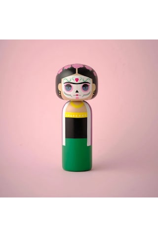 Lucie Kaas Kokeshi Frida Dia De Los Muertos Ahşap Figür, El Yapımı Koleksiyon Parçası 14,5 Cm Dekoratif Taşlar Renkli