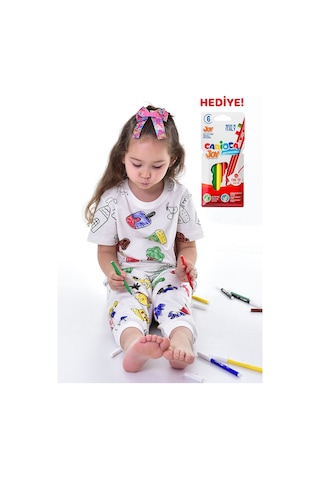 Zuzunga En Sevimli Figürleri Özel Kalemi İle Boyanabilir Çocuk Pijama Takımı Yıkama Sonrası Leke Bırakmaz Beyaz