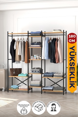 10 Raflı Metal Gardırop Metal Portmanto Açık Gardırop Elbise Dolabı Vestiyer Openix Çam