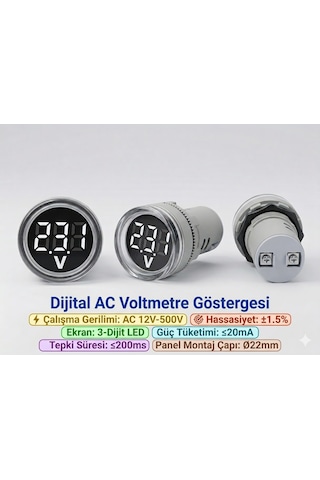 Dijital Voltmetre - Ac12-500v - 22 Mm - Beyaz